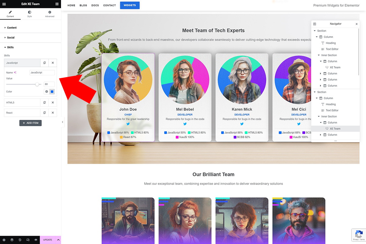 Teams and Skills Cards for Elementor