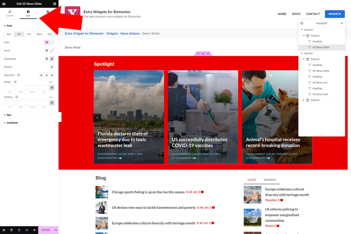 Detailed styles options News Addons for Elementor