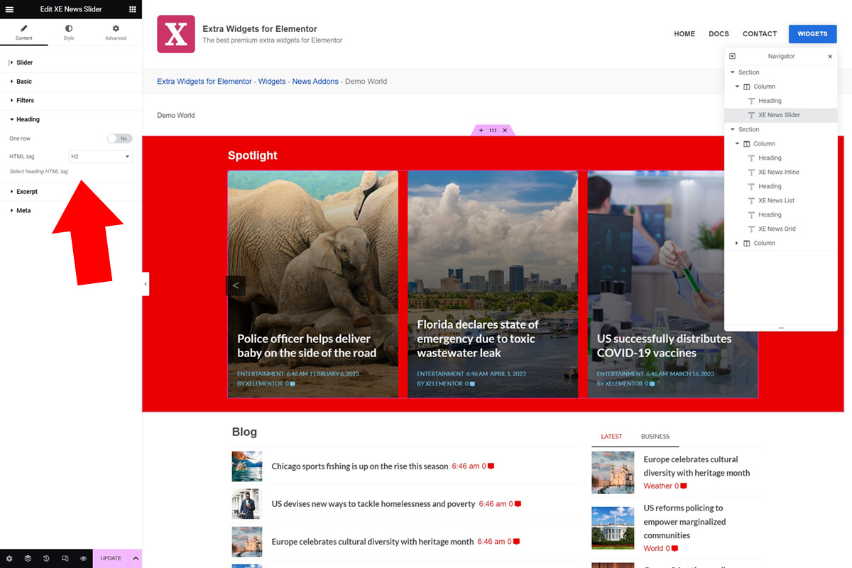 Appearance header News Addons for Elementor